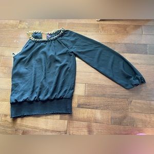 Bebe black one shoulder long sleeve Top gold chain neckline womens sz S